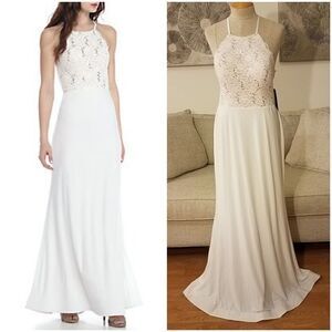 Sequin Hearts Sequin Lace Bodice Halter Gown